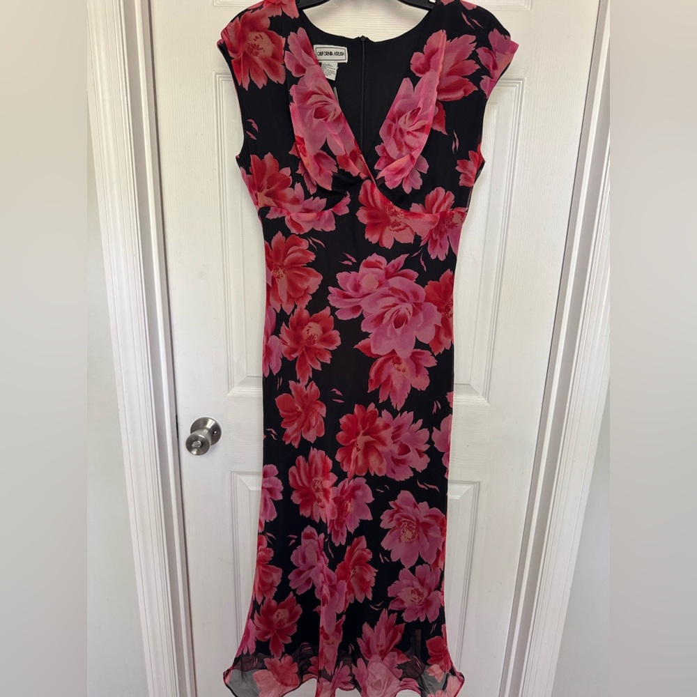 NWT Vintage California Krush Floral V Neck Cap Sleeve Dress Women's Size 12